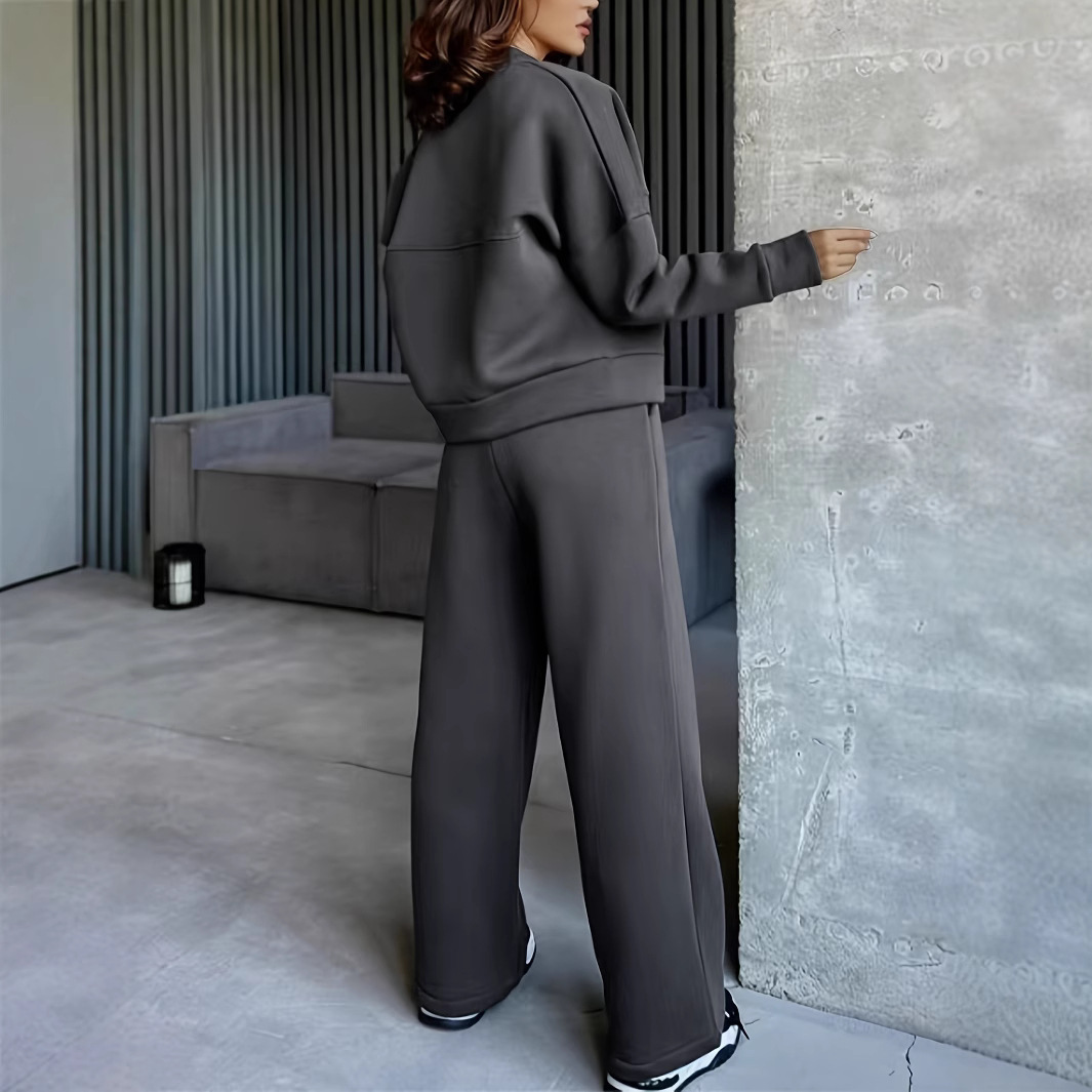 Zweiteiliges Damen-Sportswear-Set im europäischen und amerikanischen Stil, einfarbig, bestehend aus Jacke und Hose mit geradem Bein, für den Sommer_voghion.com