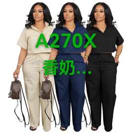A270X跨境欧美女装套装衬衫短袖两件套亚麻休闲OL办公夏季运动裤.