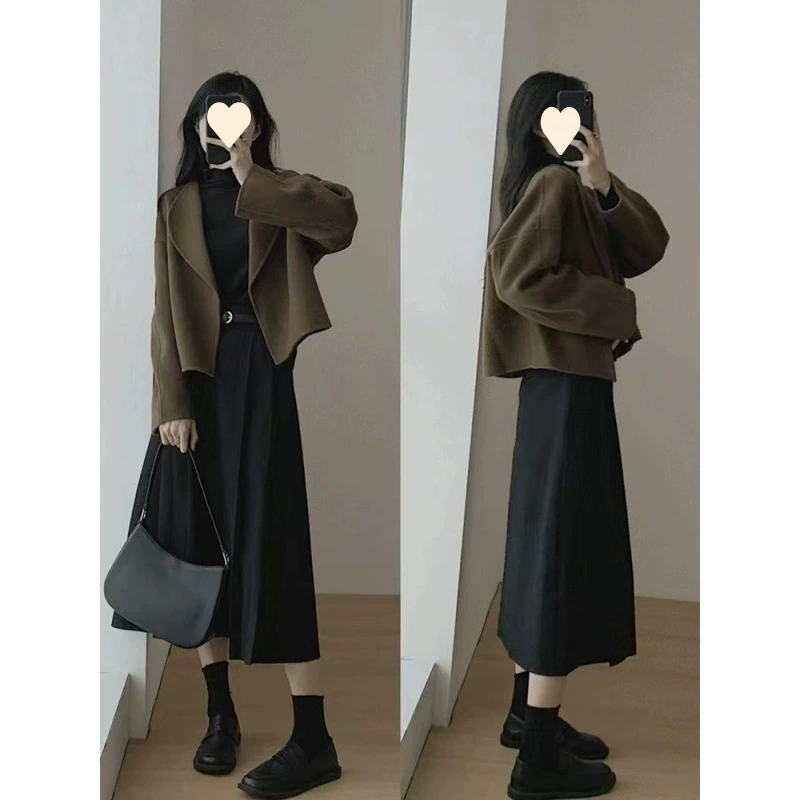 Короткое демисезонное Woolen пальто, куртка, двусторонний кашемировый костюм, увеличенная толщина, для подростков