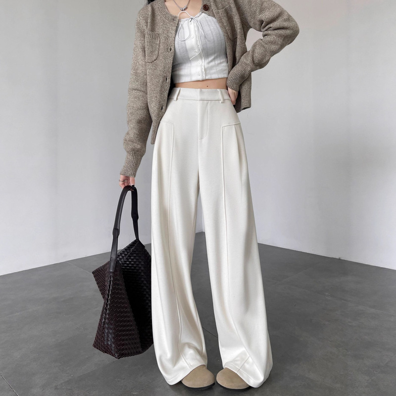Anchen Off-White Acetate Wool Casual Pants 2026 Autumn Women's Wide-Leg Pants with a High-End Drape Effect Straight-Leg Long Pants