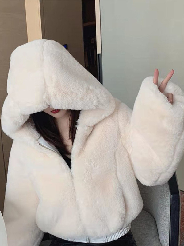 短款仿兔毛绒皮草外套女2024年冬季加厚棉服小个子毛茸茸连帽卫衣|undefined