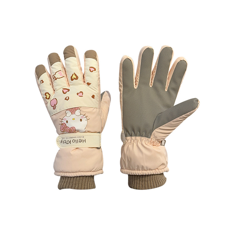 Auténtica licencia lindo Kitty guantes de esquí invierno al aire libre para jugar con nieve cálida peluche guantes impermeables para montar