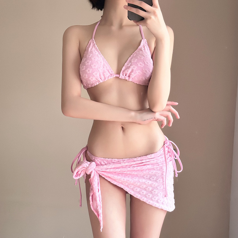 Bikini New Sexy Embroidered Fabric Small Cup Push-Up Pink Little Black Dress Style Separate Swimwear Set for Women, 3-Piece Set