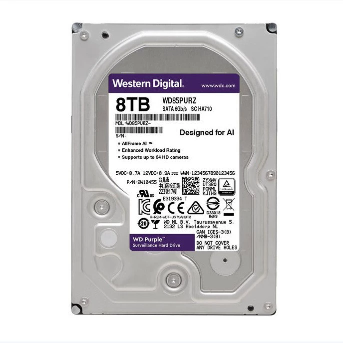 Подходит для видеонаблюдения, жесткий диск Western Digital Purple 8TB 256MB SATA CMR вертикальный (WD85PURZ)