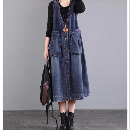 Large size denim vest dress, medium and long spring dress, Korean trend and fashionable large pocket horse clip strap dress