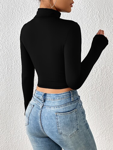 New European and American long-sleeved base layer shirt, short style, high-neck or half-high-neck autumn top for women, crop top.