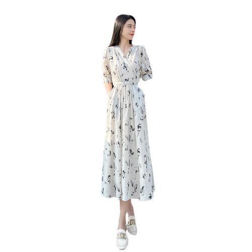 Summer temperament casual retro medium and long V-neck short sleeve waist waist floral Hong Kong style design Chiffon long dress