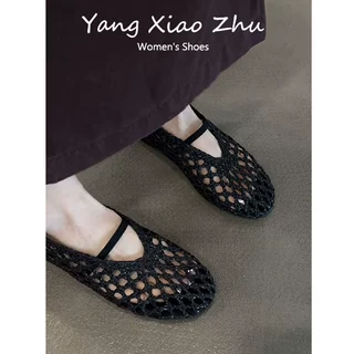 软皮版~法式复古镂空编织舒适平底鞋女夏季网面设计感舒适凉单鞋