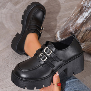 Plus Size British Style Small Leather Shoes for Women 2025 Summer New Versatile Thick Heel Thick Sole Loafers High Heels Jk Flats