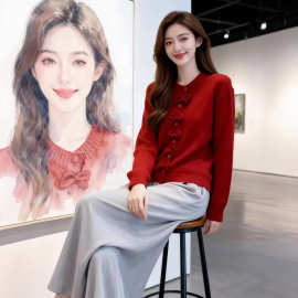 超火穿搭巨好看的红色上衣女韩版洋气软糯修身蝴蝶结针织衫毛衣潮