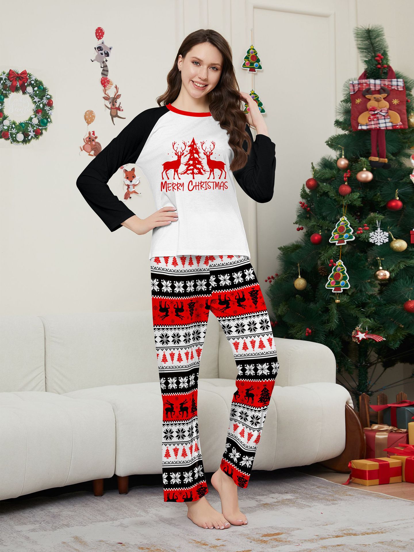 Robe de famille de Noël imprimée, pyjama, robe de maison, lettres de flocon de neige, Père Noël, cerf_voghion.com