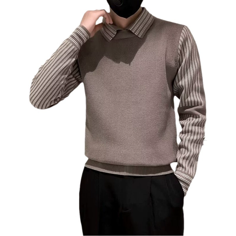 Утолщенный поддельный свитер с лацканами в полоску 2024 на флисовой подкладке, Мужской осенне-зимний модный бренд, продвинутый тонкий свитер, свитер, свитер