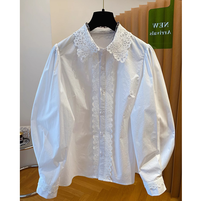 High-grade Lace Stitching Lapel Shirt Women's 2025 Early Spring New Loose Beautiful White Cotton Top