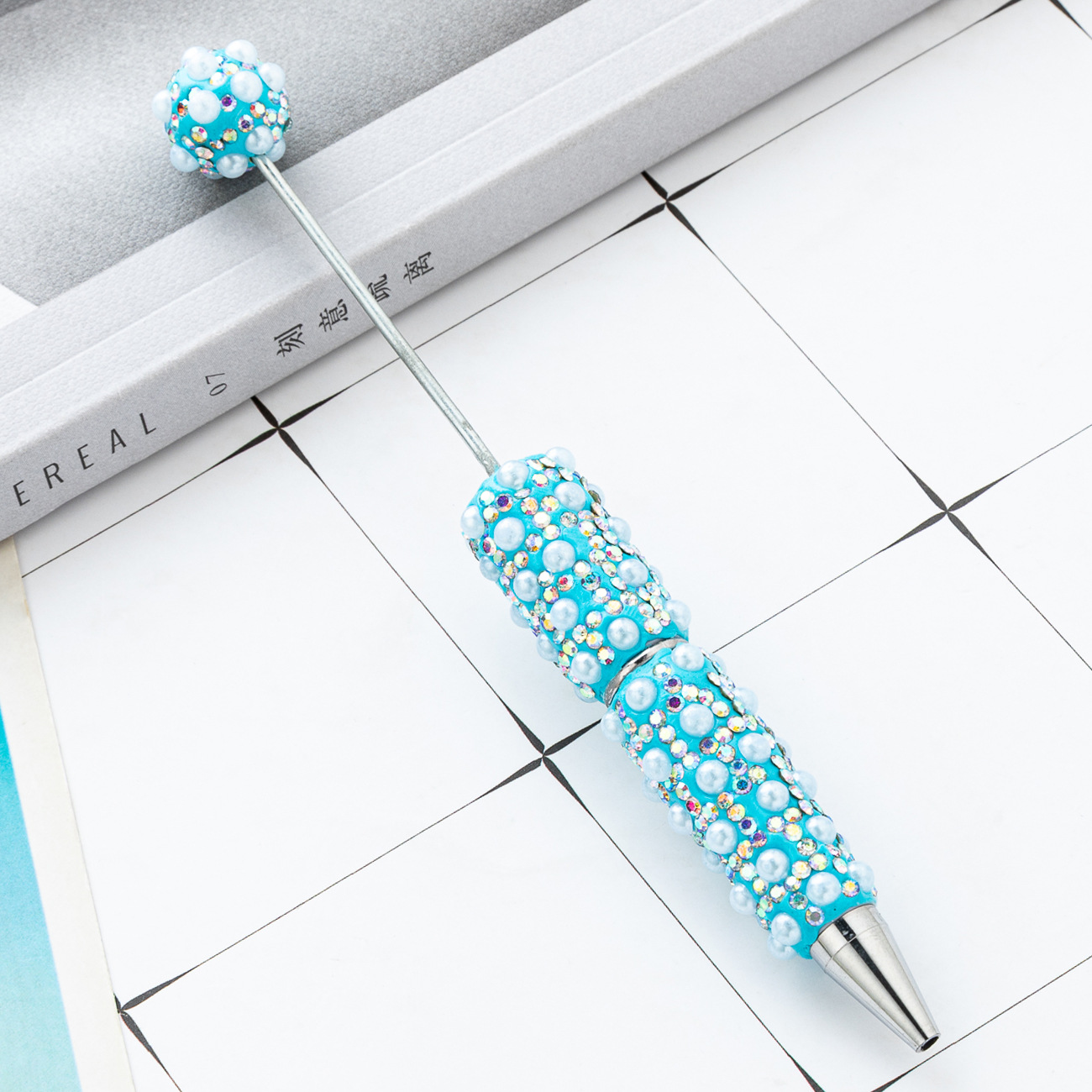 Bolígrafo con cuentas de perlas lleno de diamantes de bricolaje, bolígrafo con cuentas de perlas de diamantes pegados a mano, bolígrafo con cuentas de plástico multicolor