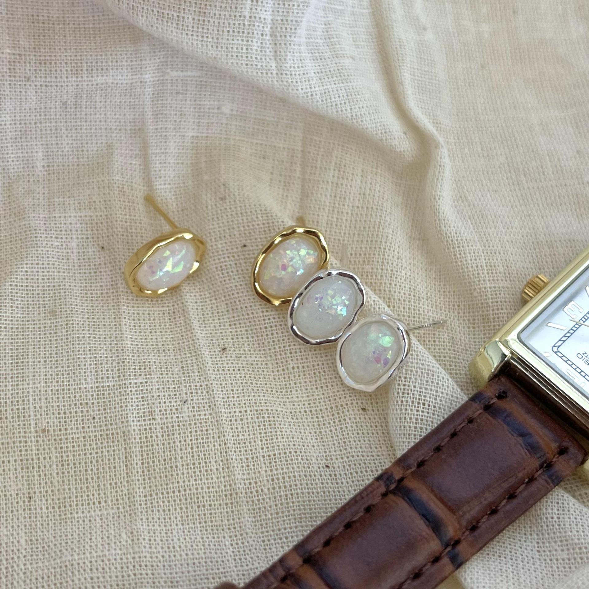 Oval Pattern 1 Pair 18K Gold Plated 925 Sterling Silver Opal Stone 925 Sterling Silver Earrings Oval Ear Studs