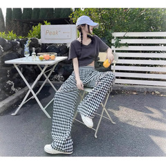 夏の新作薄手パンツ、人気のチェック柄パンツ、ゆったりカジュアル、レイジースタイル、巾着ワイドパンツ、2025フロアモップ