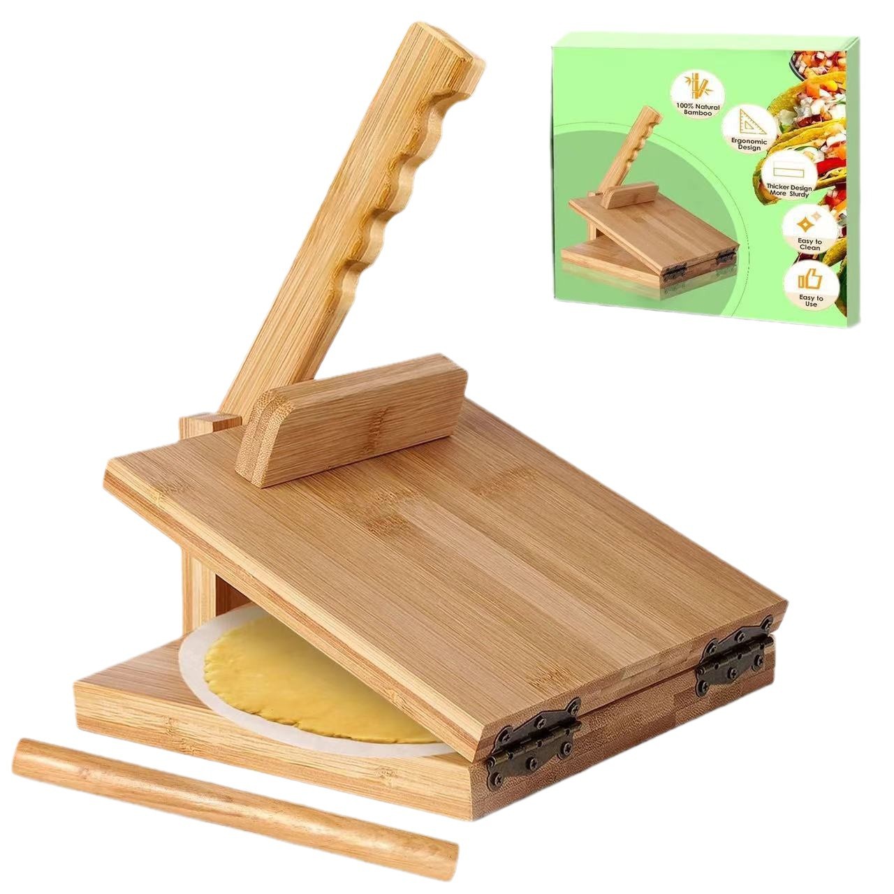 Prensa de tortilla de madera creativa Prensa de masa de burrito giratoria de cocina Prensa de piel de bola de masa de madera maciza