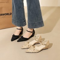 589-1 French style single button high rise fashionable sandals for women, bow pointed sexy lace mesh women's shoes