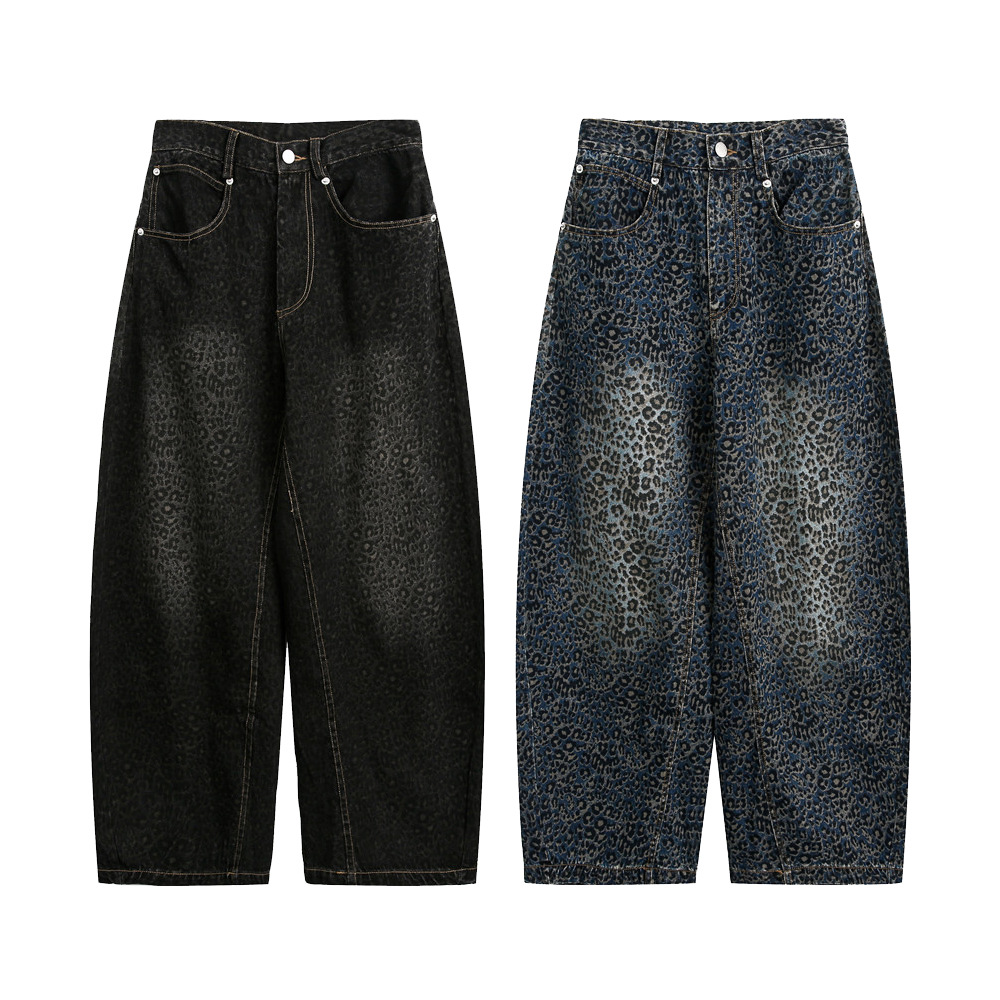 Retro Leopard Print Men's Jeans - High Street Vintage Wide Leg Trousers With Distressed Washed Finish_mkmklike.com