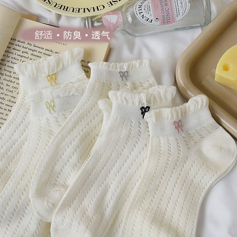 Socks ladies socks Korean high color value lace bow hollow ice stockings summer thin boat socks wholesale