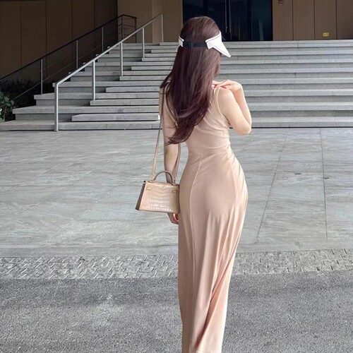 French socialite style pink sleeveless dress, women's summer temperament pleated V-neck waist slim bag, hip long skirt