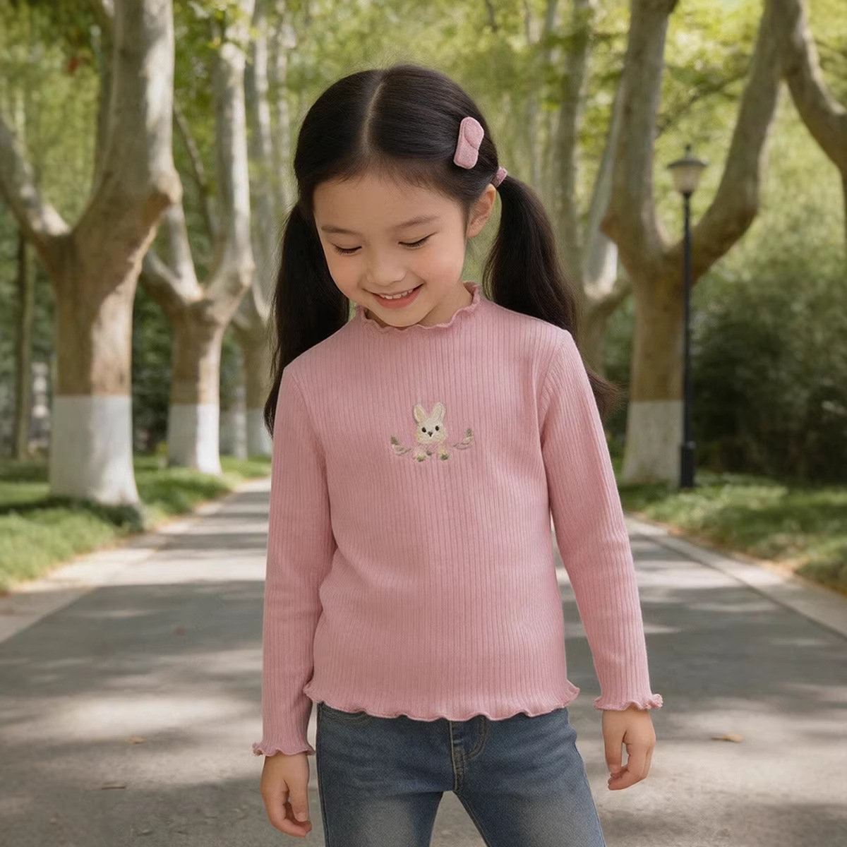 Camiseta de Manga Larga Elástica de Terciopelo Acanalado para Niñas MDD, Otoño 2023, Bordado de Conejito, Estilo Coreano, Ropa para el Festival del Medio Otoño