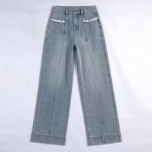 蕾丝浪漫有约,新款蕾丝花边宽松阔腿牛仔裤女显瘦韩版拼接