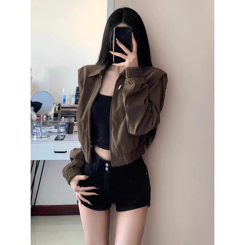 2025秋季新款棕色美式复古短款外套女美拉德穿搭休闲夹克机车上衣|undefined