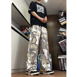 迷彩裤美式男女直筒复古工装裤子宽松夏季薄款坠感休闲阔腿长裤子