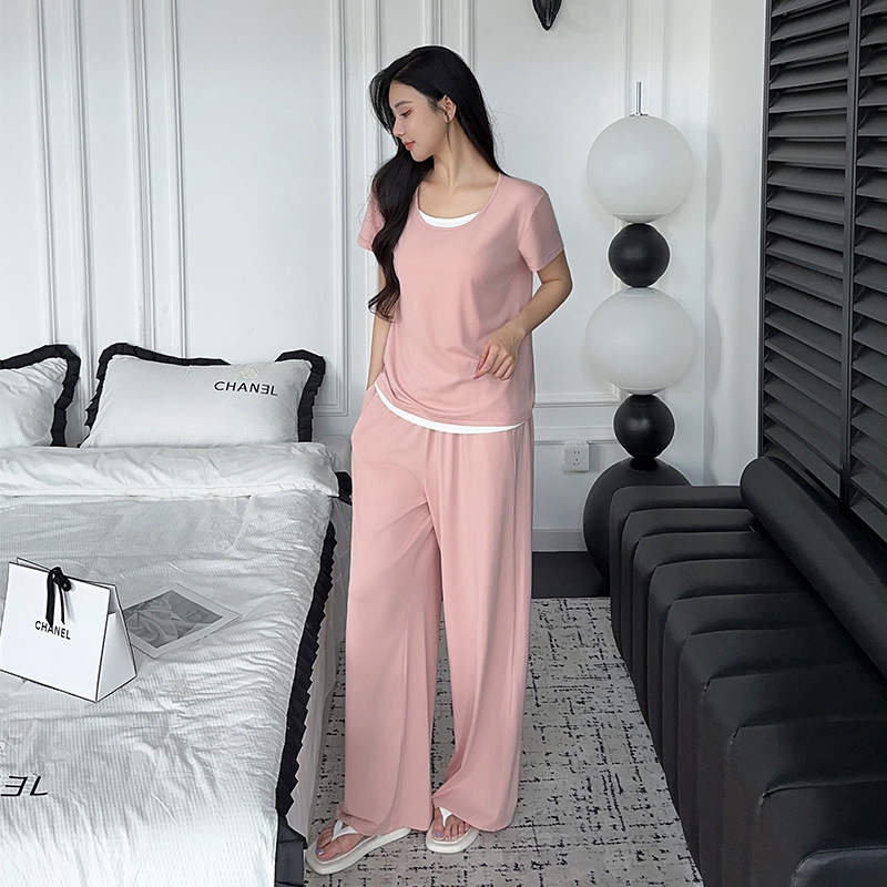 Modal Pajamas for Women, Summer Short-Sleeved Long Pants, Large Size, Can Be Worn Outside, 2026 New Summer Style Home Wear with Chest Pads Modal Pajamas for Women, Summer Short-Sleeved Long Pants, Large Size, Can Be Worn Outside, 2026 New Summer Style Home Wear with Chest Pads