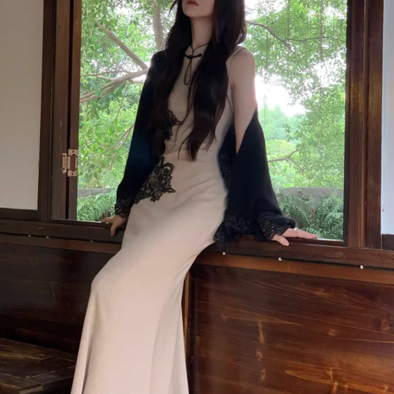 2025初秋新中式无袖旗袍针织连衣裙长裙开衫两件套套装女拼接蕾丝|undefined