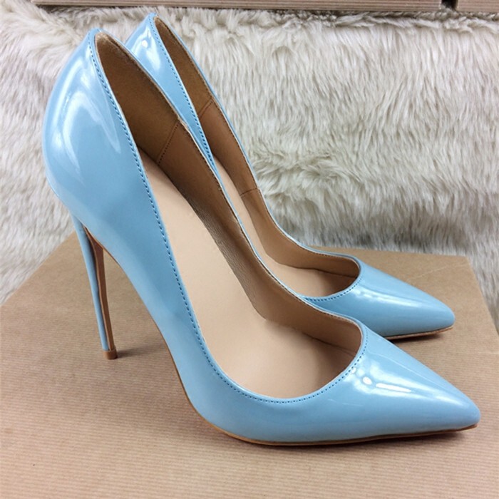 European and American Summer Chengdu Pointed-toe Fashion High Heels Women's Sky Blue Shallow High Heel plus size Patent Leather