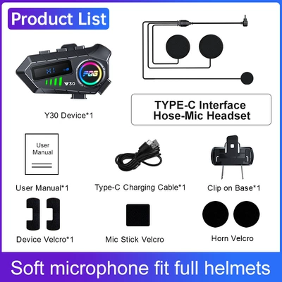 Cross-Border Y30 Helmet Bluetooth Headset Intercom for Motorcycles, Waterproof and Dustproof, Long Battery Life, for Listening to Music and Making Calls (Motorcycle Helmet Headset) - y30-soft-mark-display