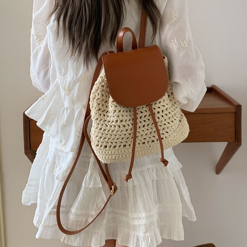 Bolsa de ombro para mulheres 2024 nova bolsa versátil para férias na praia, mochila de viagem com cordão de tecido de grama_voghion.com