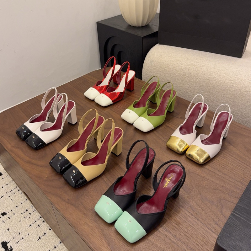 French Retro Style Gold-Toe Color-Blocked Backless Chunky Heel Single Shoes for Women, Chanel-Style Square-Toe Closed-Toe Sandals, Wholesale Women's Shoes