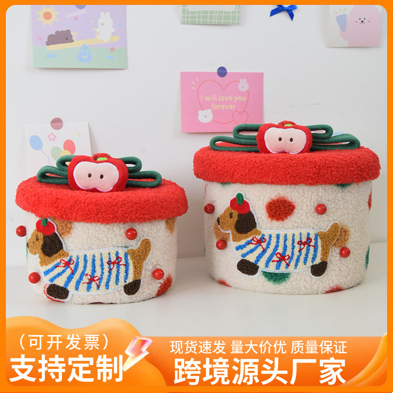 Desktop Storage Box Christmas Gift Storage Basket with Lid Cute Lamb Wool Polka Dot Dachshund Creative Snacks and Sundries