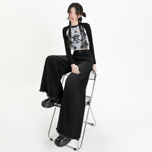 街头风水洗复古亚文化黑灰色阔腿牛仔女扫地裤象腿大裤脚毛边脚边