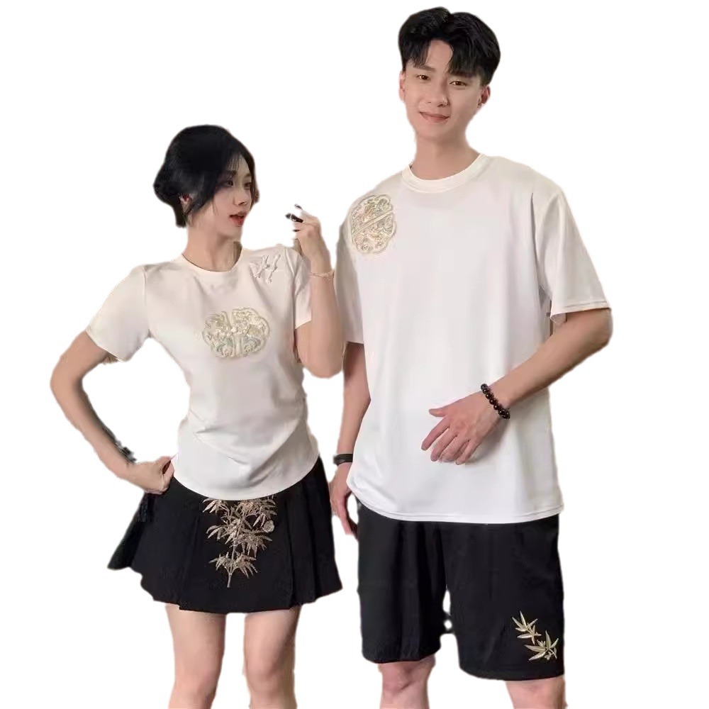 중국 커플 세트 여름 원피스 반팔 티셔츠 국가 스타일 틈새 디자인 2024 새로운 하이 엔드 세트