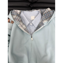 外贸剪标尾货国潮牌格子拼接休闲宽松oversize连帽开衫卫衣外套女