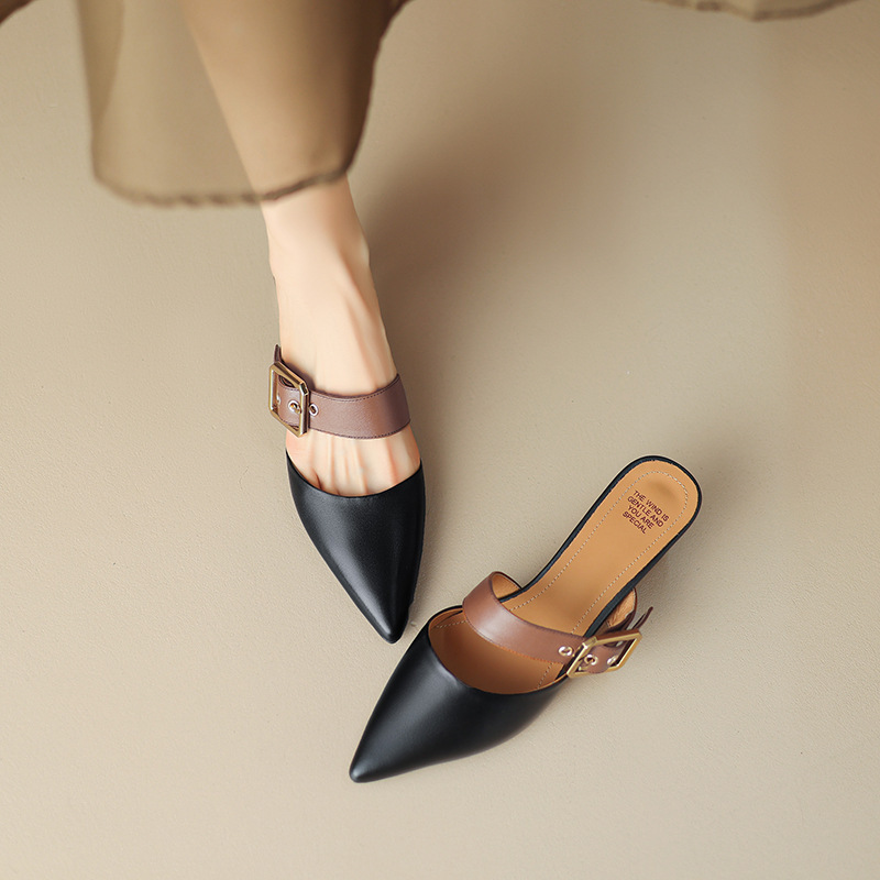 Retro pointed toe slippers for women with stilettos 2024 summer new mid-heeled and high-heeled slippers for outdoor wear_vogarts.com