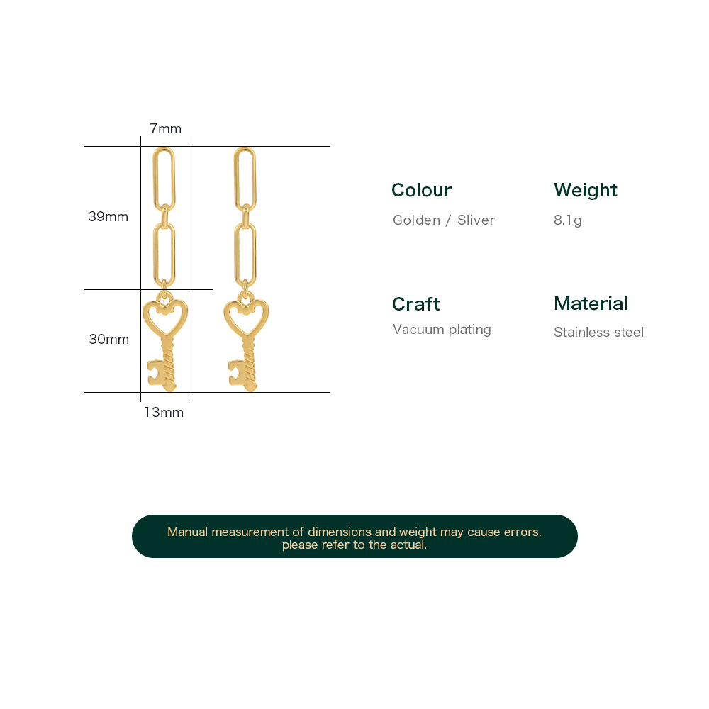 Fashion Key Stainless Steel Earrings Plating Stainless Steel Earrings