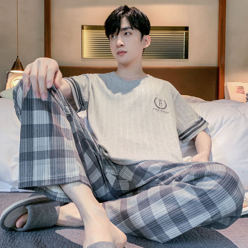Cross-Border Men's Cotton Pajamas, Short-Sleeved Long Pants, Summer Thin Casual Youth Fashion Style, Can Be Worn Outside, Home Wear Set