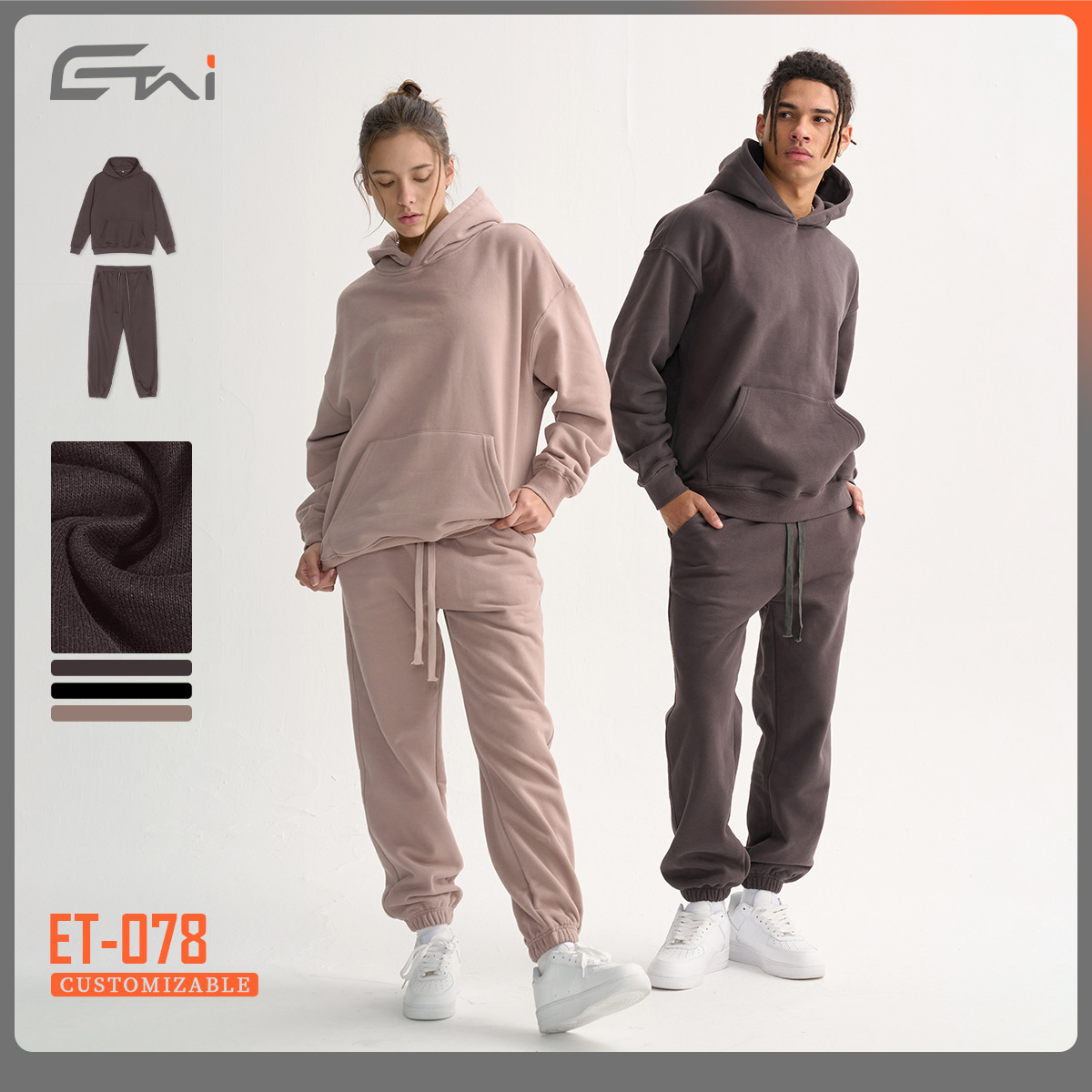 ETAI hombre 380G otoño y invierno con sudadera encapuchada simple color sólido tipo suelto hombre y mujer juego de dos piezas casuales
