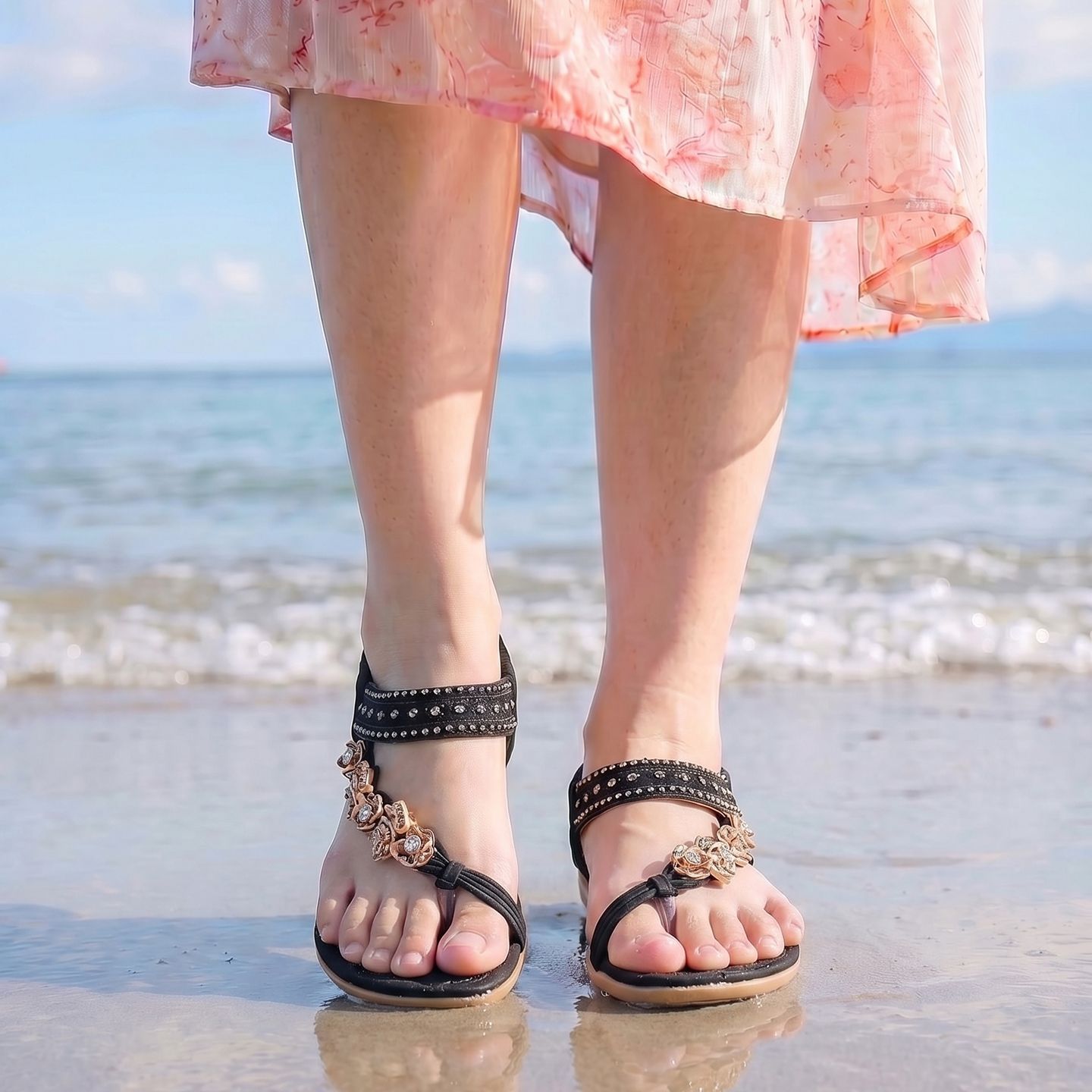 Women's Shoes, Summer Fashion Beach Vacation Flat Sandals With Beaded Toe Straps_desvips.com