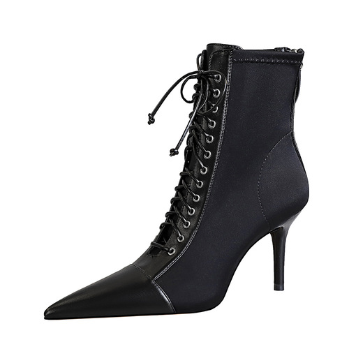1838-1 Korean Version Fashion Sexy Slimming Women's Boots with Fine Heel, High Heel, Open Toe, Pointed Toe, Lace-up, Cross Strap, Short Boots