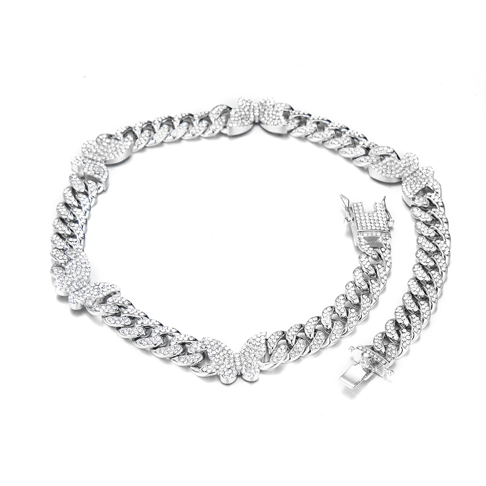 Collier chaîne papillon cuban link avec strass style hip hop_voghion.com