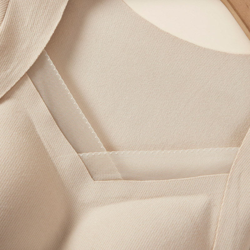 Double-sided furry V-neck warm long sleeves simple solid color without steel ring half fixed cup warm top for women comfort and skin-friendly