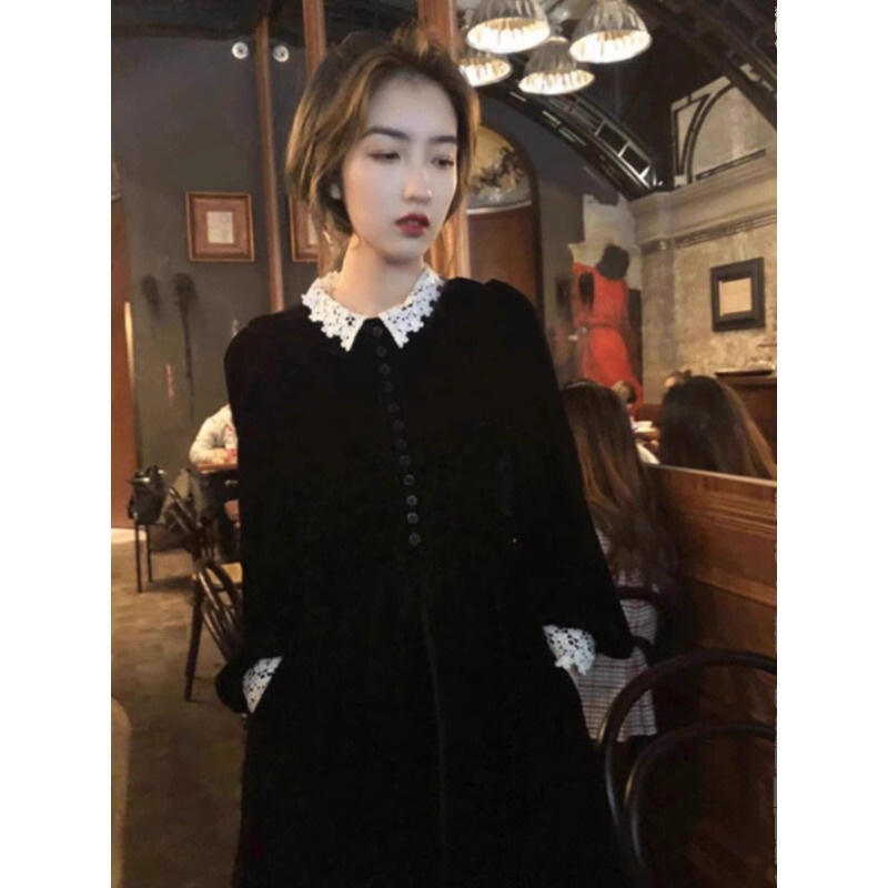 French Hepburn-Style Velvet Little Black Dress 2026 Autumn and Winter New Long-Sleeved Dress Sweet Black Retro Dress French Hepburn-Style Velvet Little Black Dress 2026 Autumn and Winter New Long-Sleeved Dress Sweet Black Retro Dress