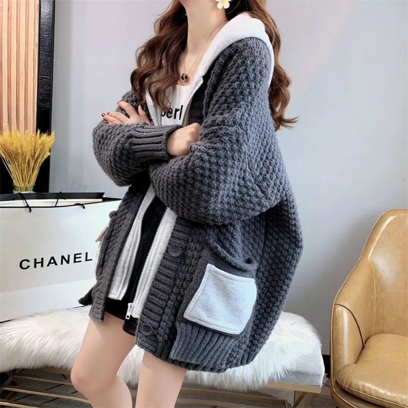 2025 New Autumn and Winter Korean Style Sweater Jacket for Women, Loose and Lazy Style, Thickeneded Hooded Soft Waxy Knitted Cardigan
