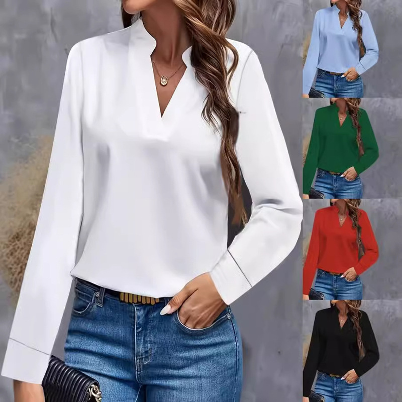 2025 Independent Platform Wish Amazon Hot-Selling Autumn Simple Casual Solid Color V-Neck Loose Shirt Top for Women